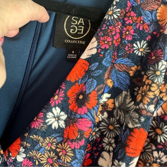 Sage Multicolored Velvet Floral Short Puffy Sleeve 3 Front Buttons Shift Dress S - Picture 12 of 16